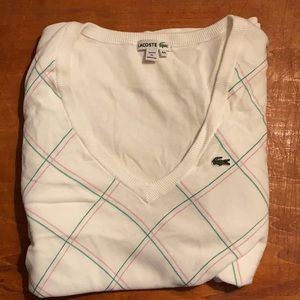 🏇🐊 LACOSTE V-Neck Sweater Size 44 2XL Pink & Green Criss Cross Pattern 🐊🏌️